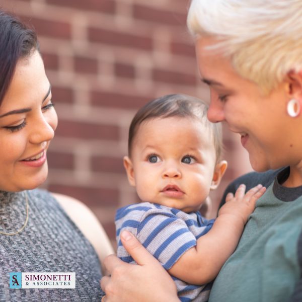 Two adults smile at a baby they are holding together, standing in front of a brick wall. The Simonetti & Associates logo is visible in the bottom left corner, highlighting their role as trusted Long Island Adoption Attorneys.