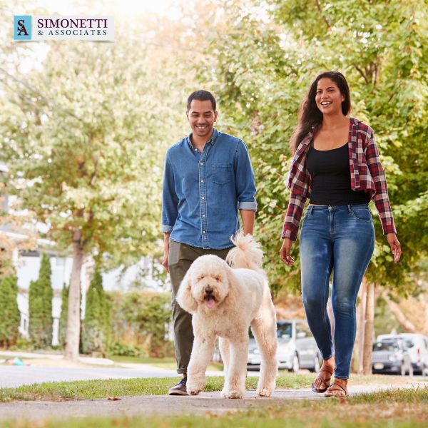 A man and woman walk a large white dog on a suburban sidewalk with trees and houses in the background. The Simonetti & Associates logo, your trusted Huntington divorce lawyer, is visible in the top left corner.