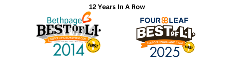Two badges display "Best of Long Island" awards for the years 2014 and 2025, each with a gold "First" medal and website URLs.